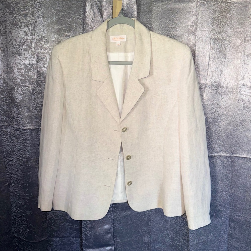 Brooks Brothers Blazer Womens 14 Beige Linen Blend 3-Button Lined Professional